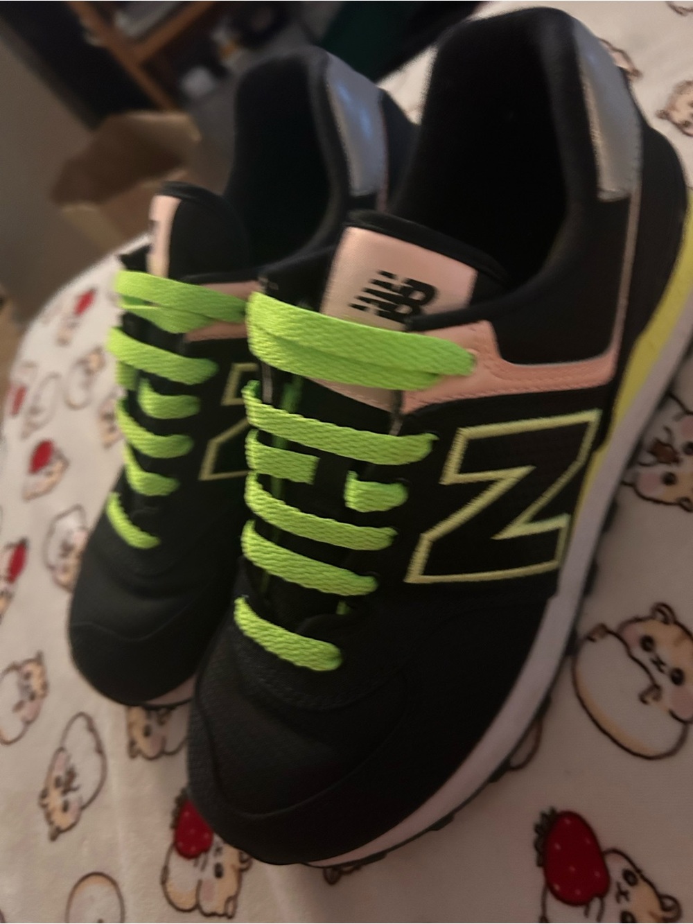New Balance Black Sneakers with Neon Green Laces and Pink Details NEW